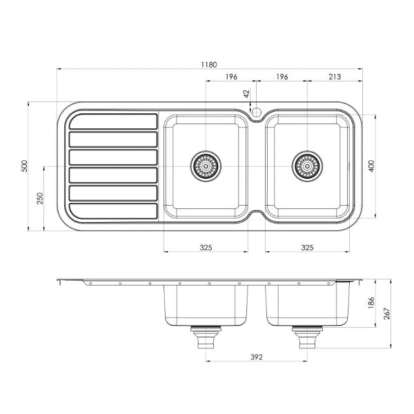 Phoenix 1000 Series Double Bowl Sink 1180 x 500mm