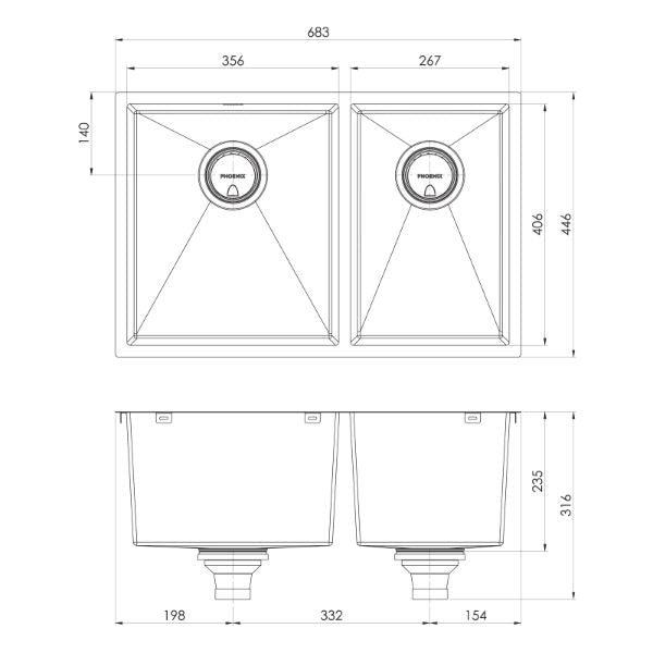 Phoenix 4000 Series 1-3/4 Bowl Sink 683 x 446mm Brushed Carbon