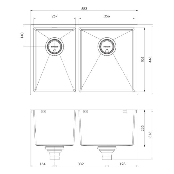 Phoenix 4000 Series 1-3/4 Bowl Sink 683 x 446mm Brushed Carbon