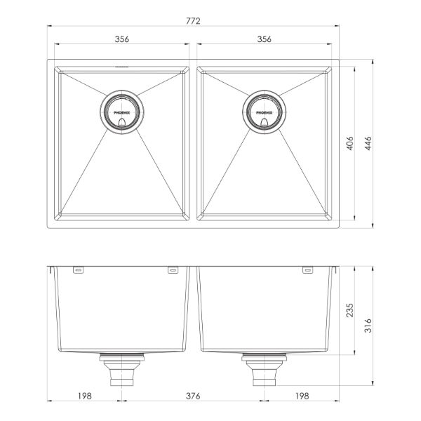 Phoenix 4000 Series Double Bowl Sink 772 x 446mm Brushed Carbon