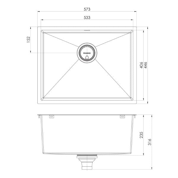 Phoenix 4000 Series Single Bowl Sink 573 x 446mm Brushed Carbon
