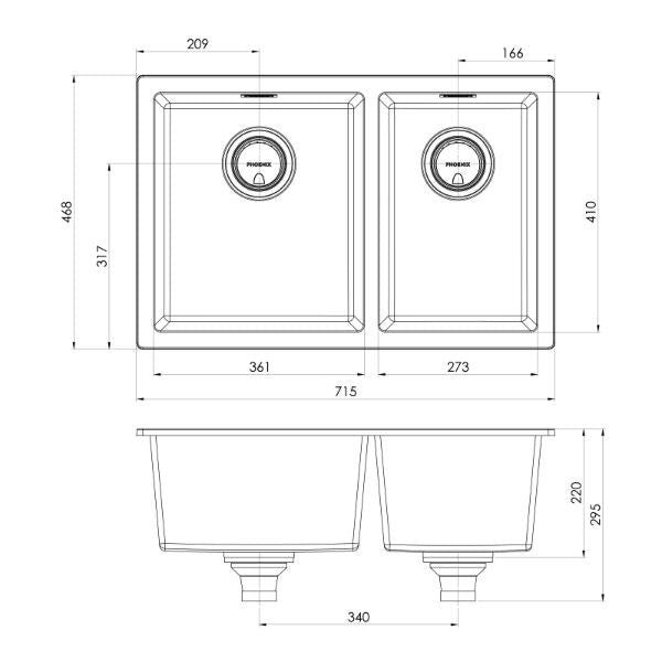 Phoenix 5000 Series 1-3/4 Bowl Quartz Resin Sink 715 x 468mm Matte White LH Bowl The Blue Space - line drawing