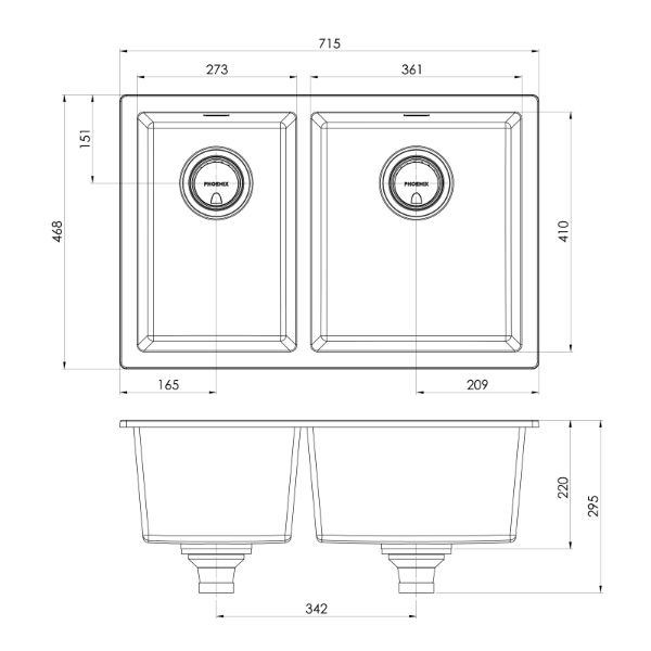 Phoenix 5000 Series 1-3/4 Bowl Quartz Resin Sink 715 x 468mm Matte White RH Bowl The Blue Space - line drawing