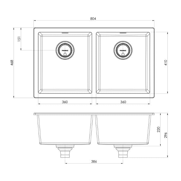 Phoenix 5000 Series Double Bowl Quartz Resin Sink 804 x 468mm Matte White