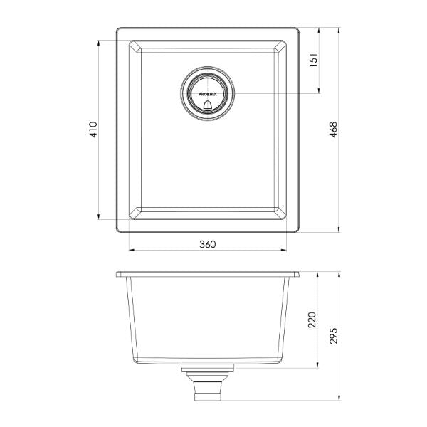 Phoenix 5000 Series Single Bowl Quartz Resin Sink 418 x 468mm Matte White The Blue Space - line drawing