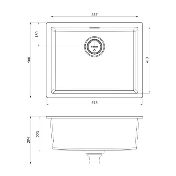 Phoenix 5000 Series Single Bowl Quartz Resin Sink 593 x 466mm Matte White The Blue Space - line drawing
