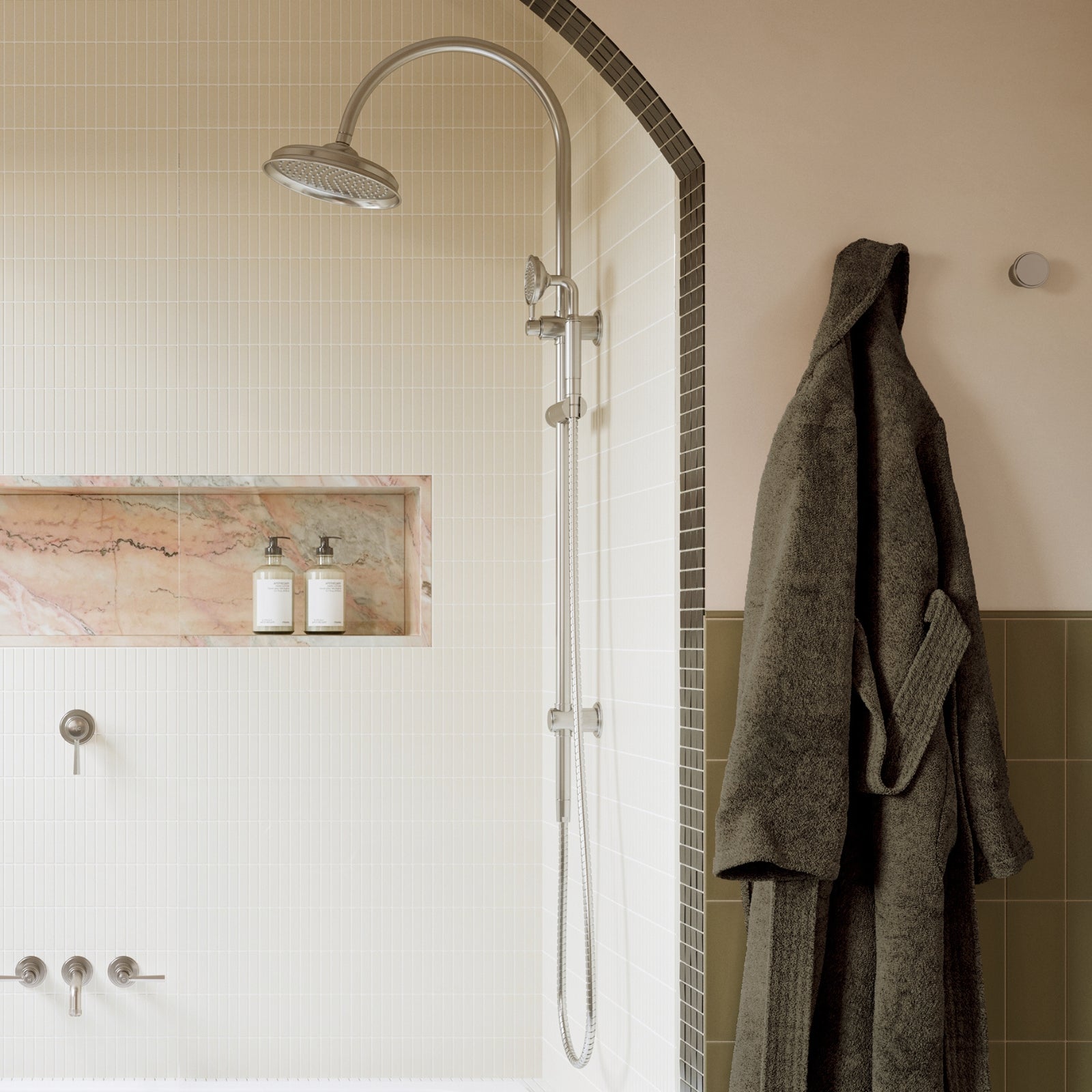 Art Deco style shower. Phoenix Wiltern twin rail shower in brushed nickel - The Blue Space