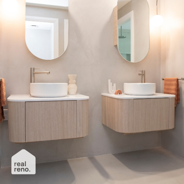 ADP Waverley Vanity 750mm Centre Bowl Cabinet: Coastal Oak Woodmatt Benchtop: Carrera Taphole: 1 Taphole 10 o'clock (Mixer Tap) Basin: ADP Margot Above Counter Basin Matte White | The Blue Space Real Reno