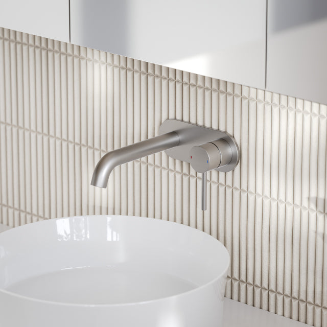 Caroma Liano II Lead Free Wall Basin/Bath Mixer Plate Set Brushed Nickel