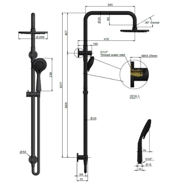Meir Round Combination Shower Rail 200mm, 3 Function Hand Shower Brushed Nickel