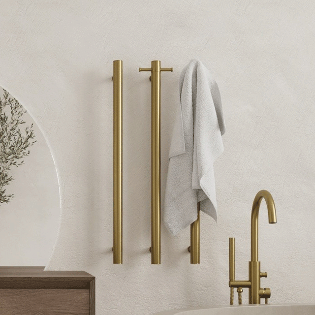 Thermogroup 12V Round Vertical Single Bar Heated Towel Rail Brushed Gold