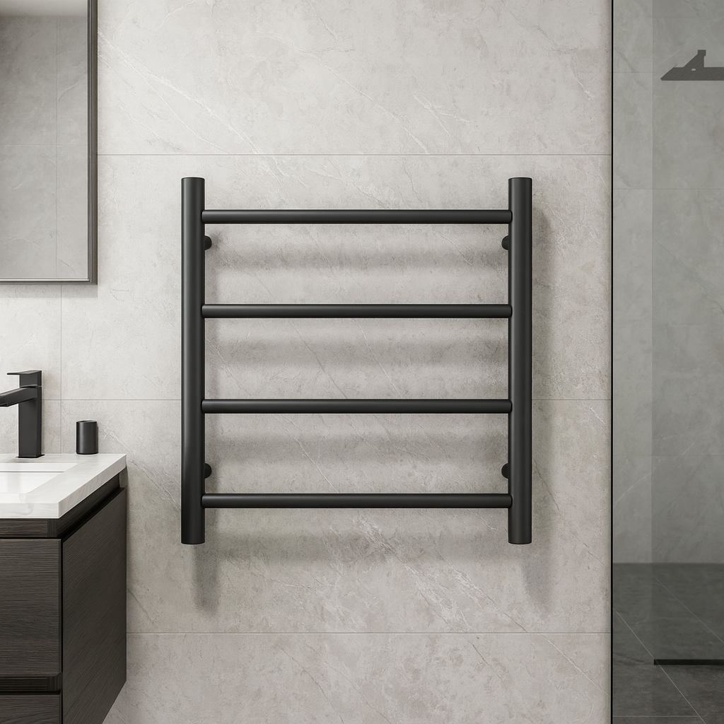 Thermogroup 4 Bar Thermorail Black Round Heated Towel Ladder 550mm in hotel style bathroom