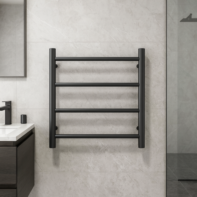 Thermogroup 4 Bar Thermorail Black Round Heated Towel Ladder 550mm in hotel style bathroom