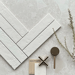 Rippled white subway tiles layered on a white terrazzo tile | Shop bathroom, kitchen, laundry, wall and floor Tiles at The Blue Space