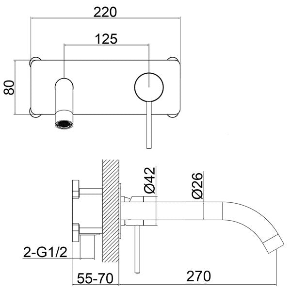 Indigo Alisa Wall Basin/Bath Mixer 270mm Chrome