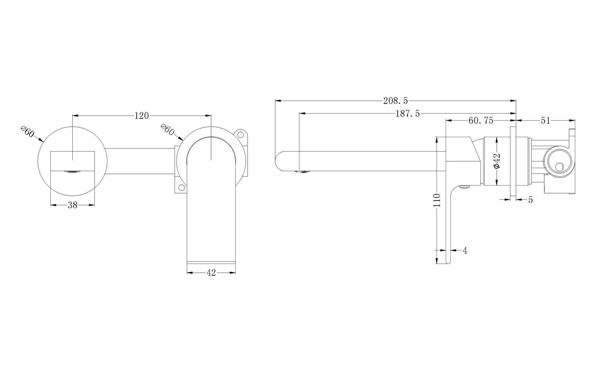 Technical Drawing: Nero Bianca Wall Basin Mixer Separate Back Plate Chrome