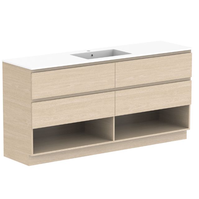 ADP Glacier Lite Shelf Twin Floor Standing Vanity with Cast Marble Top 1500mm Centre Bowl GLLFSW1500WKCCM | The Blue Space
