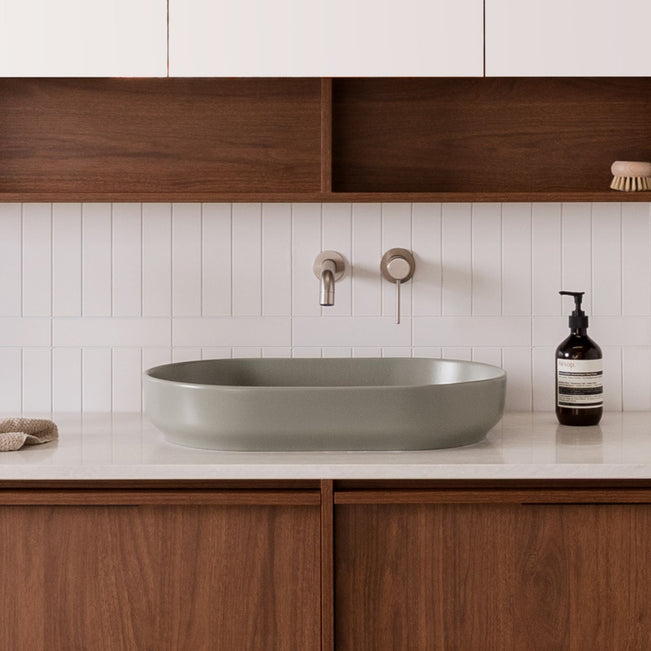 Lifestyle ADP Marilyn 550 x 350 Above Counter Basin Matte Olive TOPCMAL550MO - The Blue Space