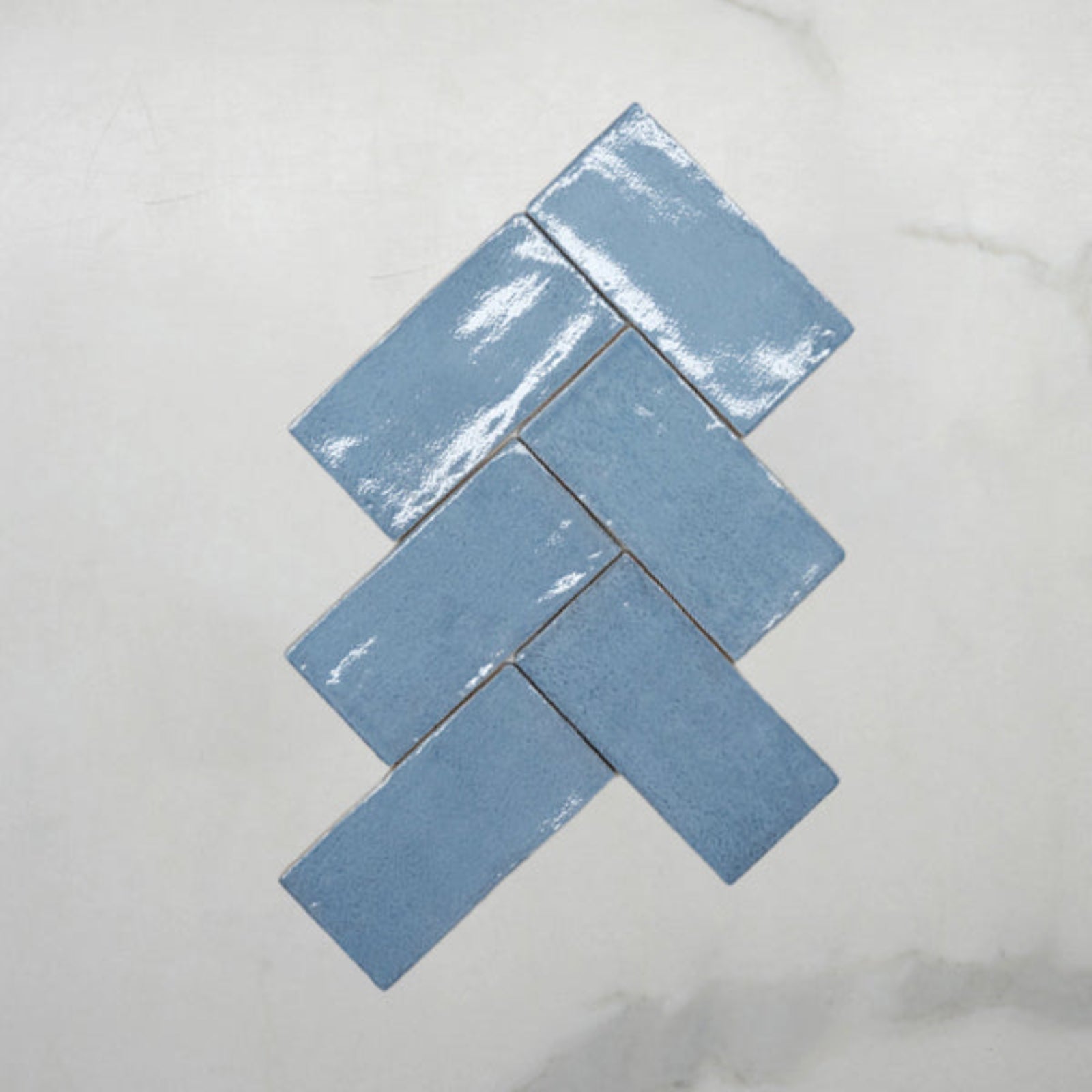 Fishbone No Hand Ash Blue Dianna Hand Made Subway Tile 75 x 150 x 9mm Spanish Ceramic  - The Blue Space