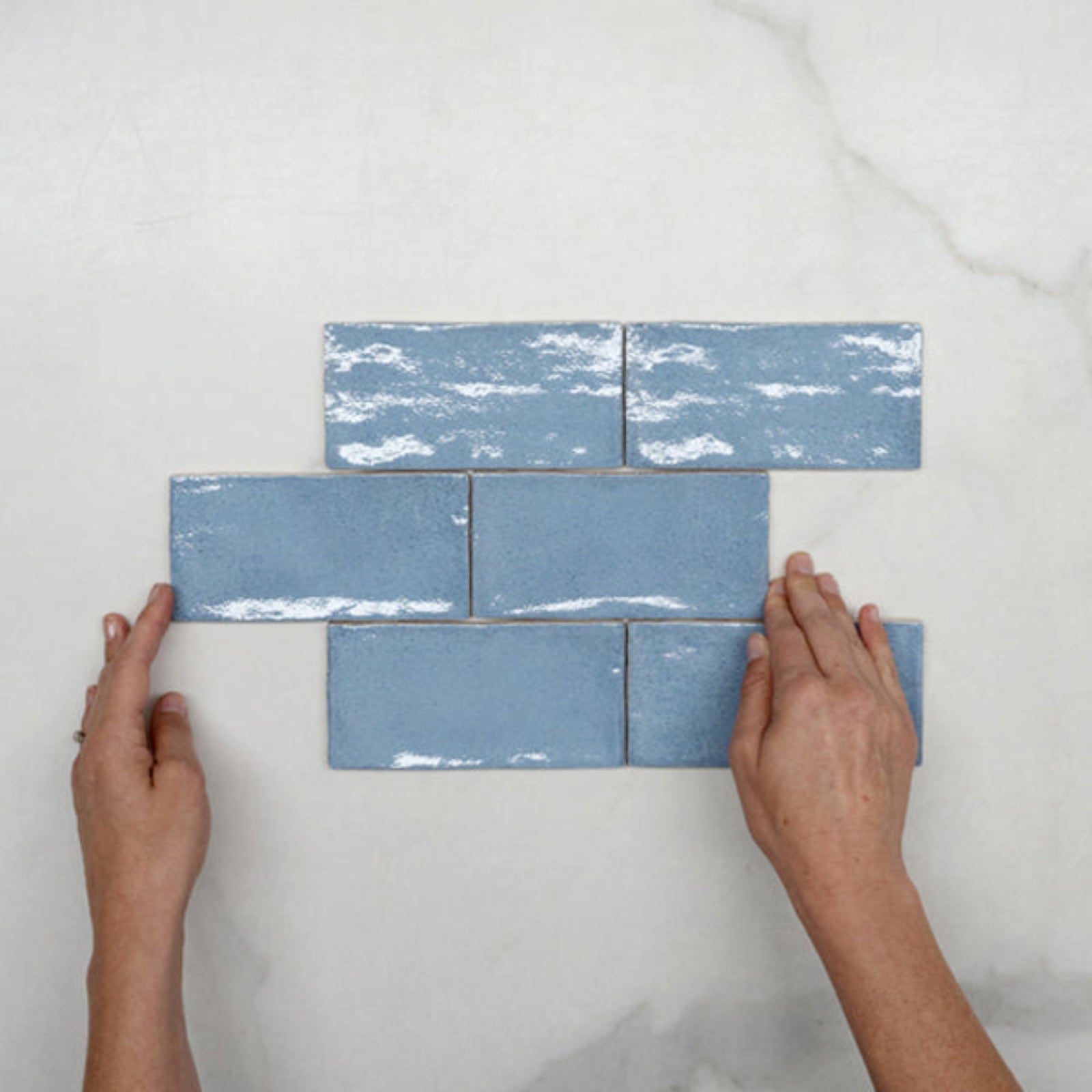 Pattern With Hand Ash Blue Dianna Hand Made Subway Tile 75 x 150 x 9mm Spanish Ceramic  - The Blue Space