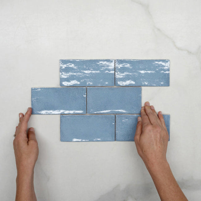 Pattern With Hand Ash Blue Dianna Hand Made Subway Tile 75 x 150 x 9mm Spanish Ceramic  - The Blue Space