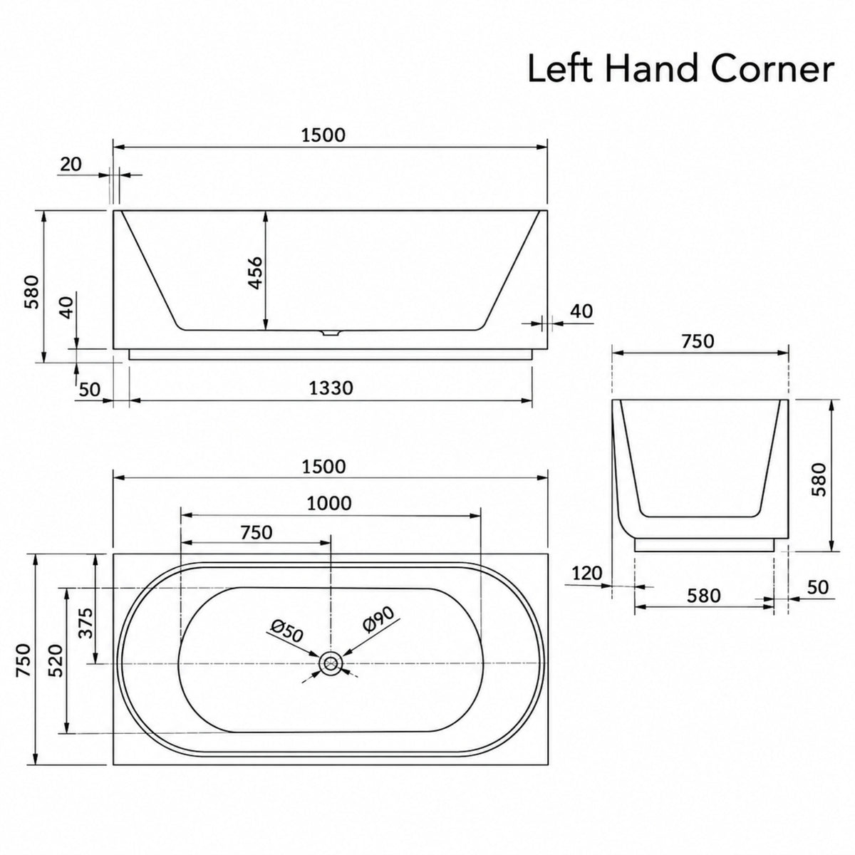 LH Line Drawing Bao Elegant 1500mm Back to Corner Bath - Matte White BAO200215RM - The Blue Space