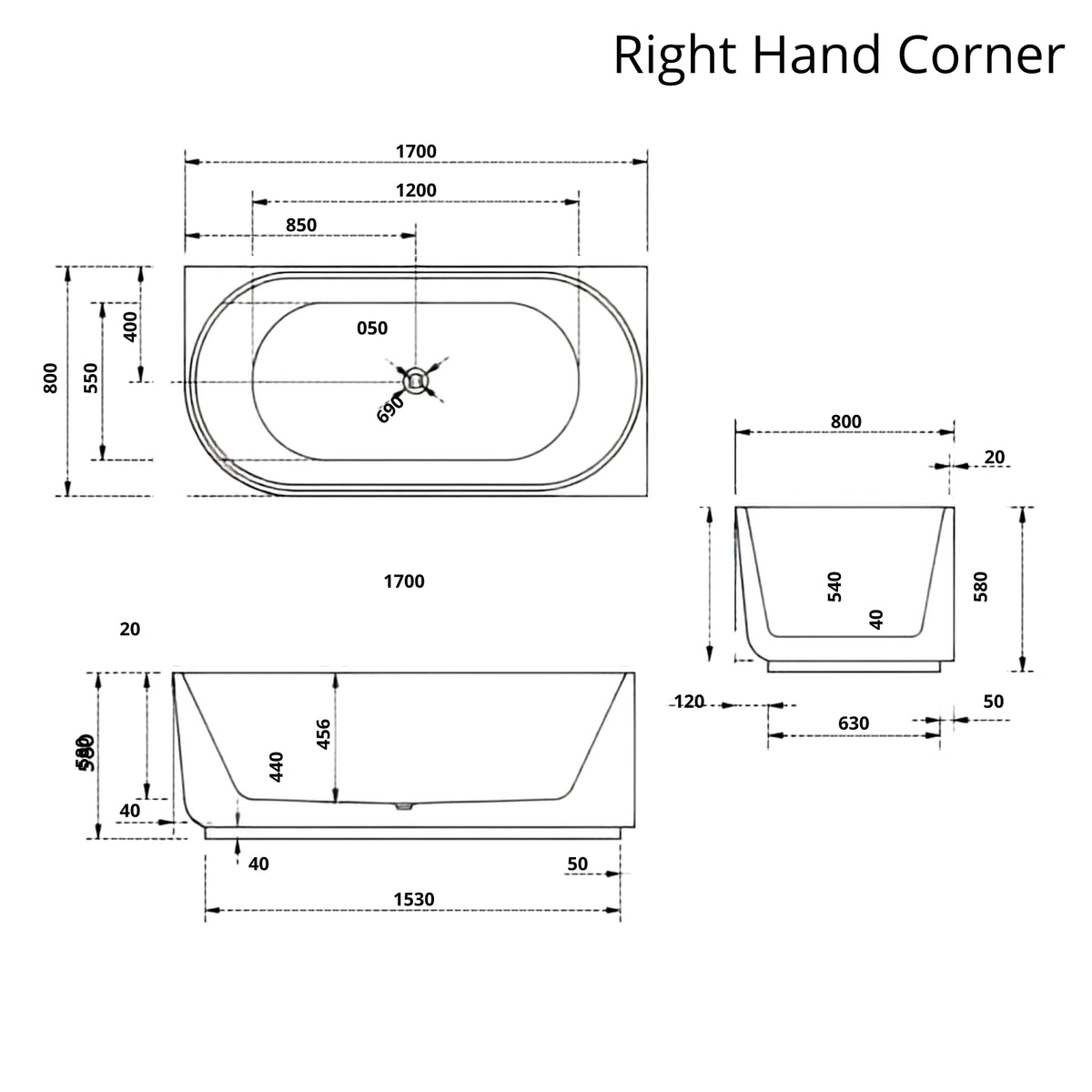 Rh Line Drawing Bao Elegant 1700mm Back to Corner Bath BAO200217R - The Blue Space