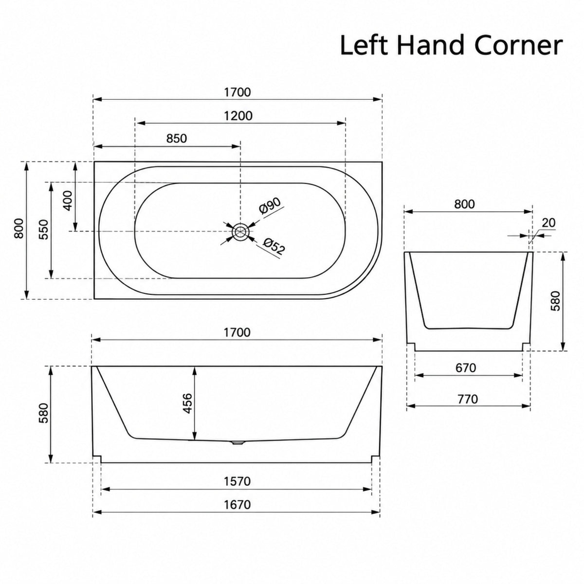 LH Line Drawing Bao Fluted 1700mm Back to Corner Bath - Matte White BAO100217L - The Blue Space