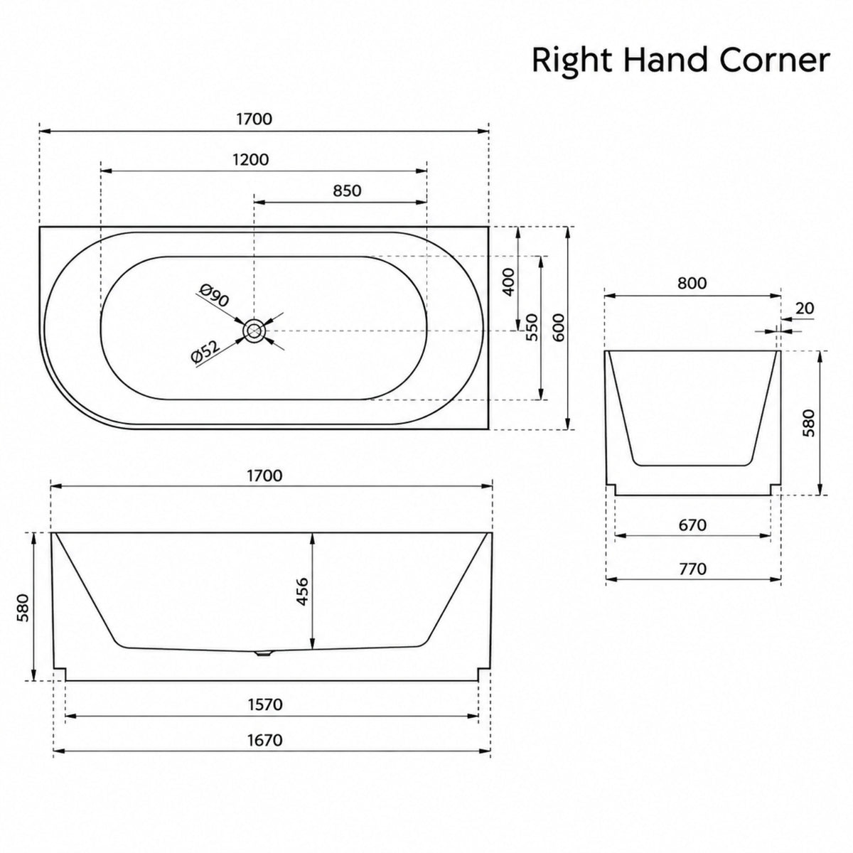 RH Line Drawing Bao Fluted 1700mm Back to Corner Bath - Matte White BAO100217L - The Blue Space