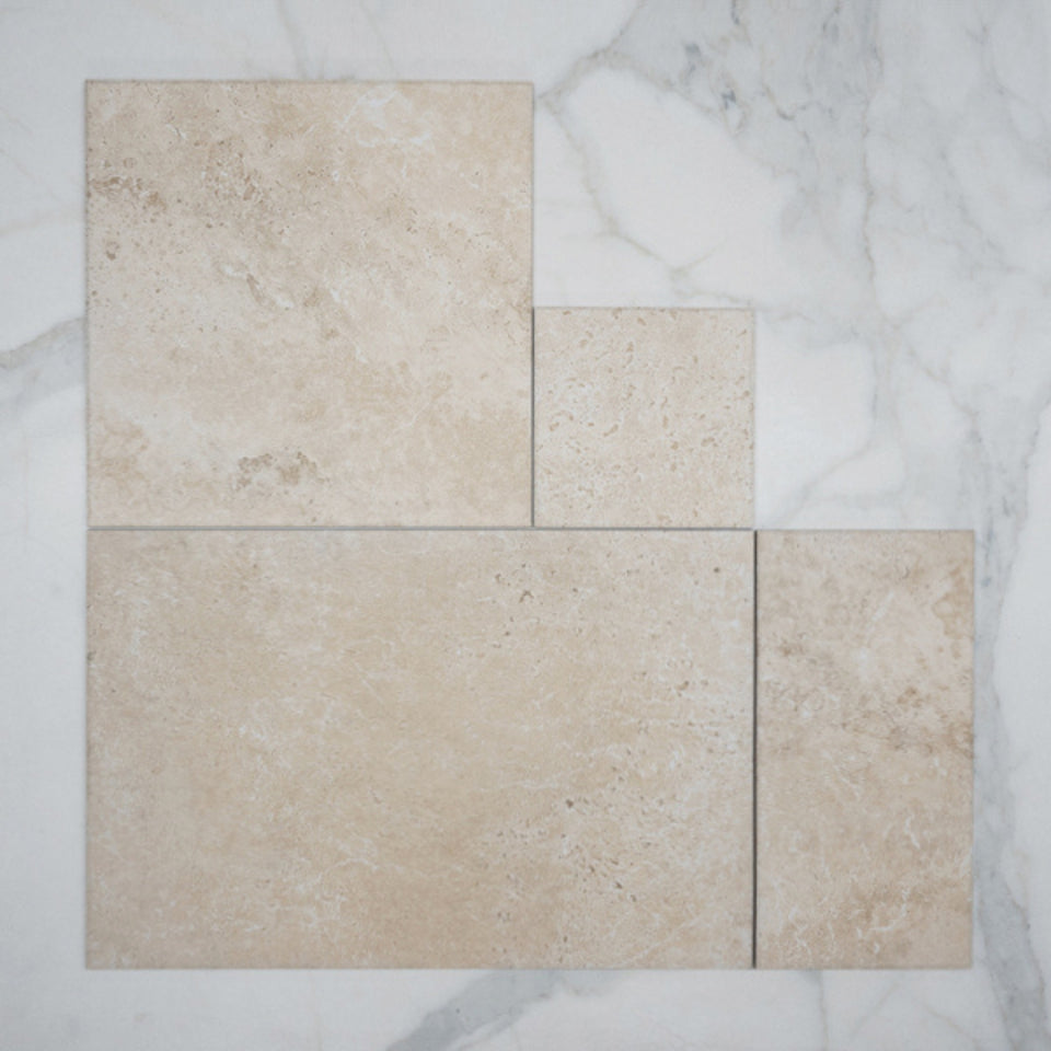 Beige Amara Travertine Tile Matt French Pattern Porcelain