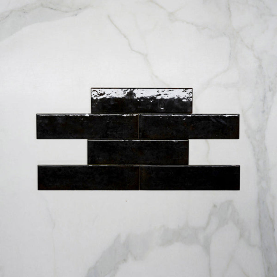 Black Andrea Subway Tile Textural Gloss 75 x 300 x 8mm Italian Porcelain
