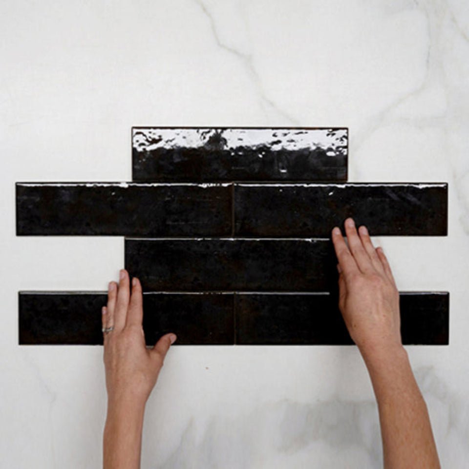 Black Andrea Subway Tile Textural Gloss 75 x 300 x 8mm Italian Porcelain
