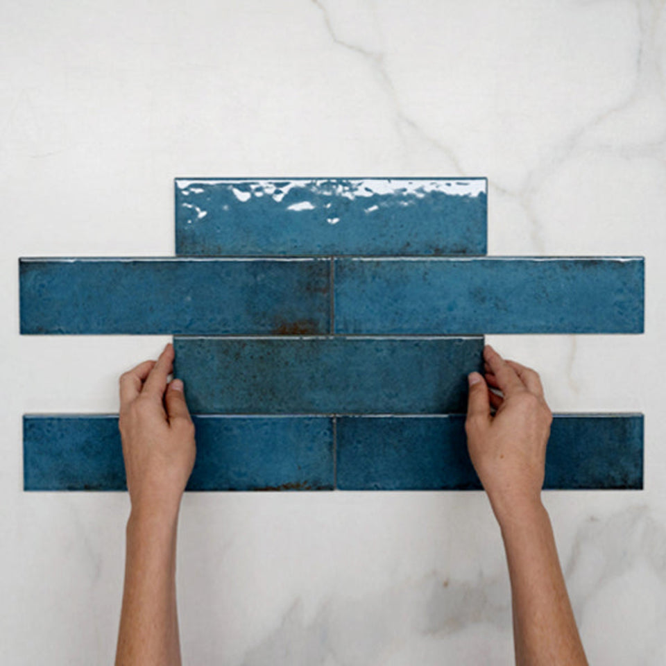 Blue Andrea Subway Tile Textural Gloss 75 x 300 x 8mm Italian Porcelain