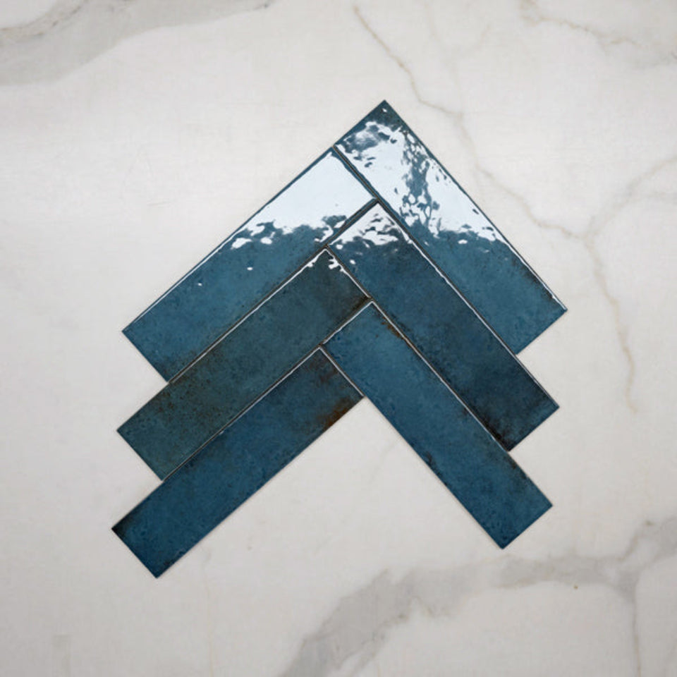 Blue Andrea Subway Tile Textural Gloss 75 x 300 x 8mm Italian Porcelain