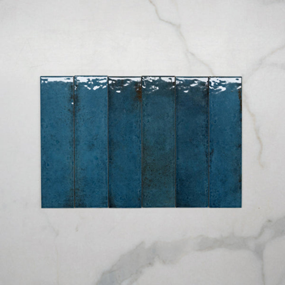 Blue Andrea Subway Tile Textural Gloss 75 x 300 x 8mm Italian Porcelain