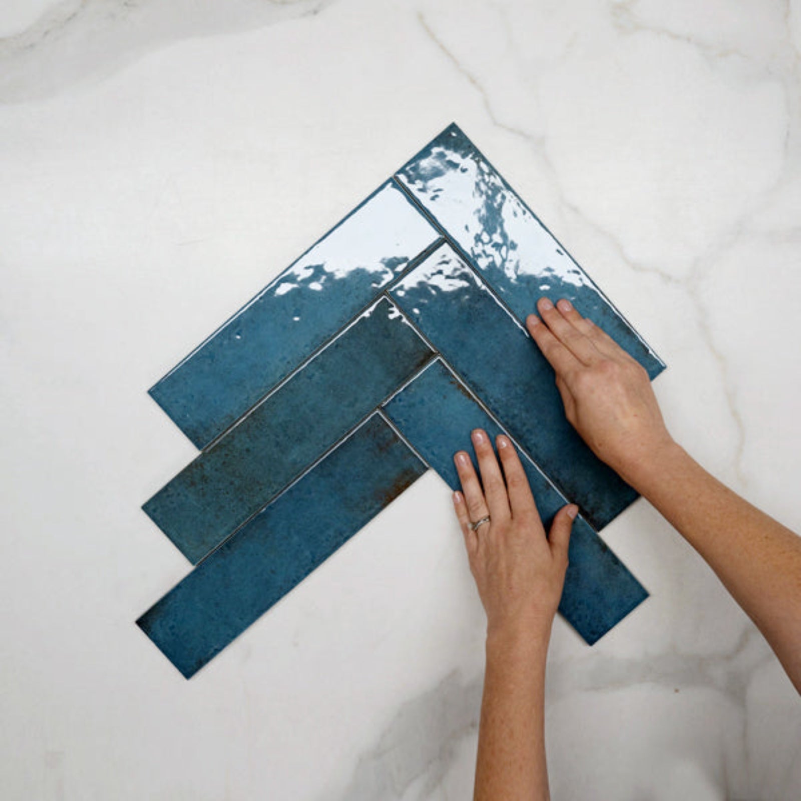 Fidhbone With Hand Blue Andrea Subway Tile Textural Gloss 75 x 300 x 8mm Italian Porcelain  - The Blue Space