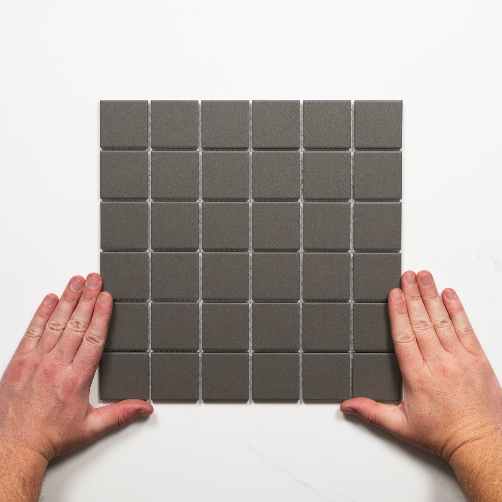 Single With Hand Briq Graphite Unglazed Porcelain Mosaic Tile 48×48mm MOSGRUNG48 - The Blue Space