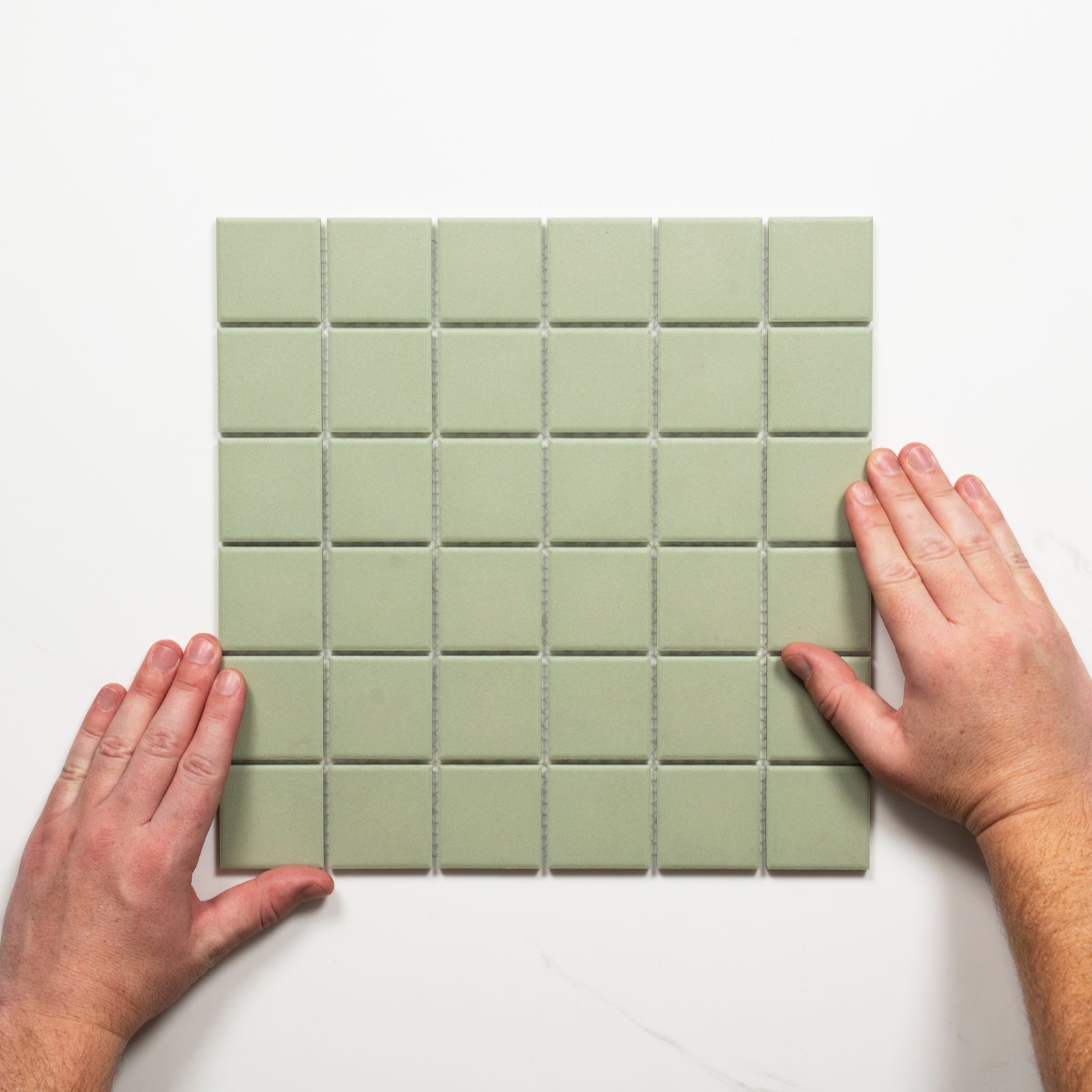 Single With Hand Briq Sage Unglazed Porcelain Mosaic Tile 48×48mm MOSOLUNG48 - The Blue Space