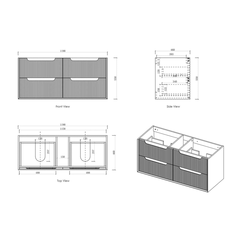 Otti Byron Fluted Woodland Oak Wall Hung Vanity with Ceramic Top