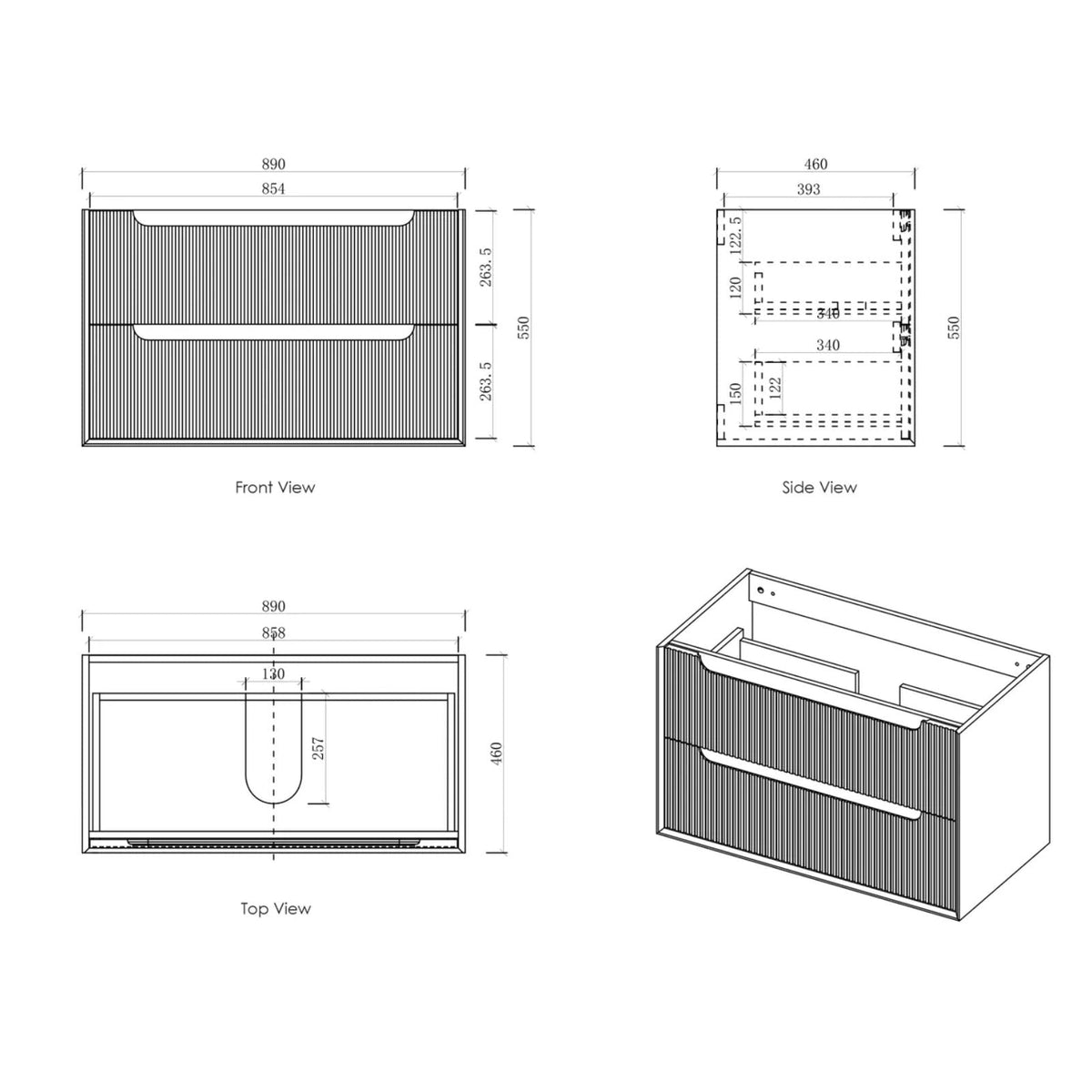 Technical Drawing Byron Fluted Woodland Oak Wall Hung Vanity with Cloudy Carrara Top 900mm Centre Bowl BYW900LSTUD-CA - The Blue Space