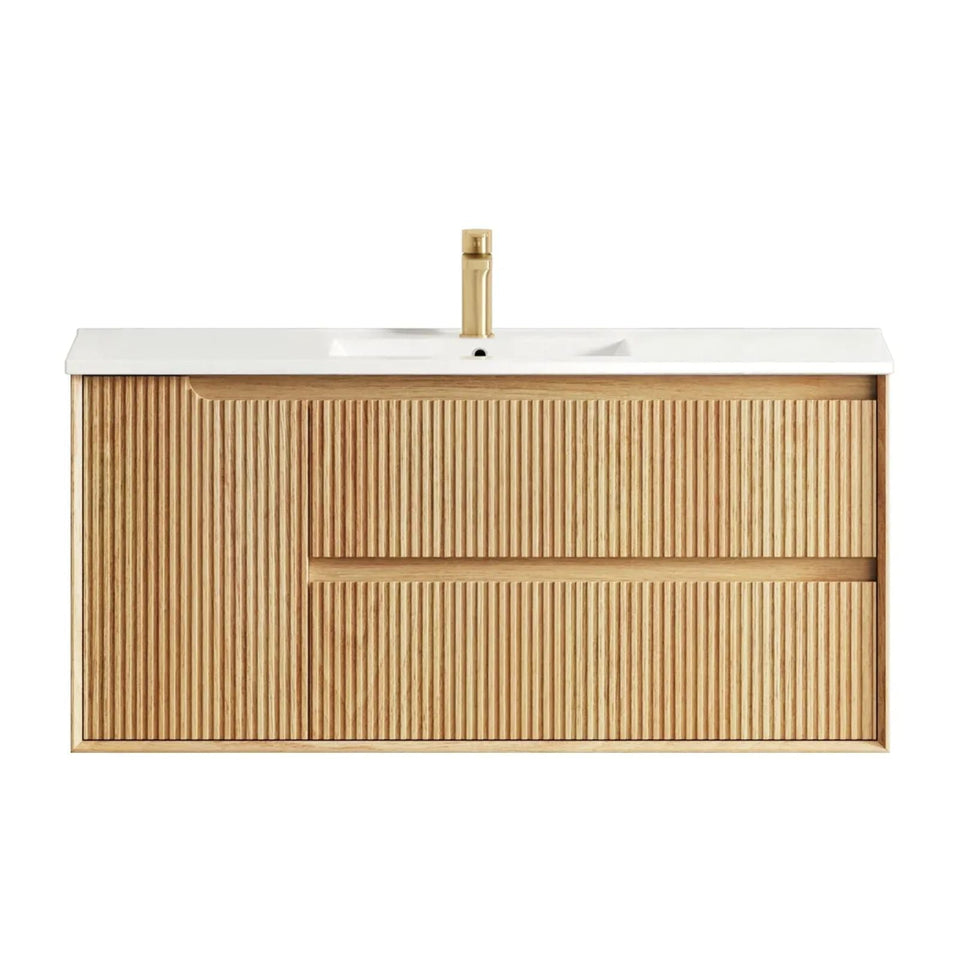 Otti Byron Fluted Woodland Oak Wall Hung Vanity with Ceramic Top