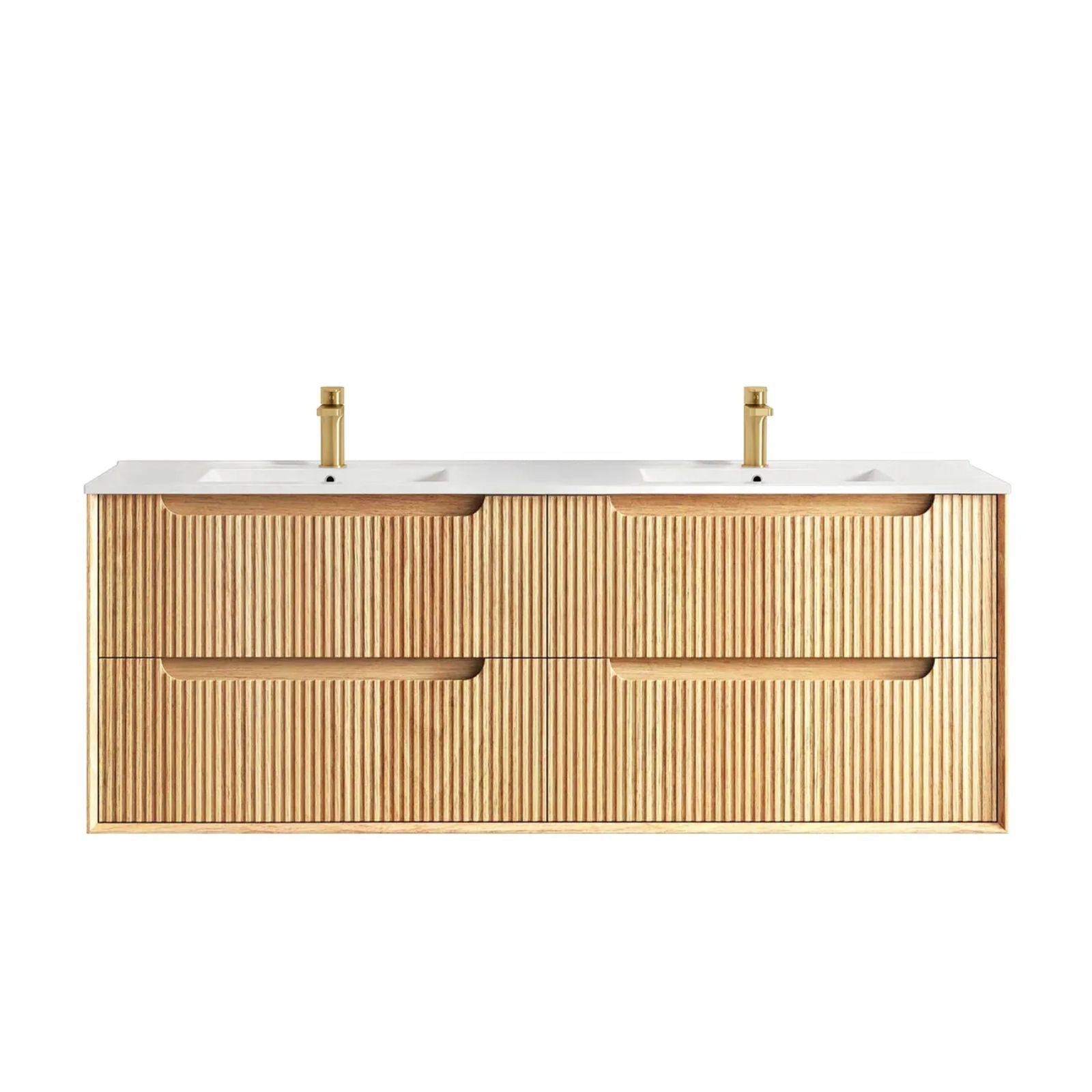 Byron Fluted Woodland Oak Wall Hung Vanity with Ceramic Top 1500mm Double Bowl BYW1500LCT - The Blue Space