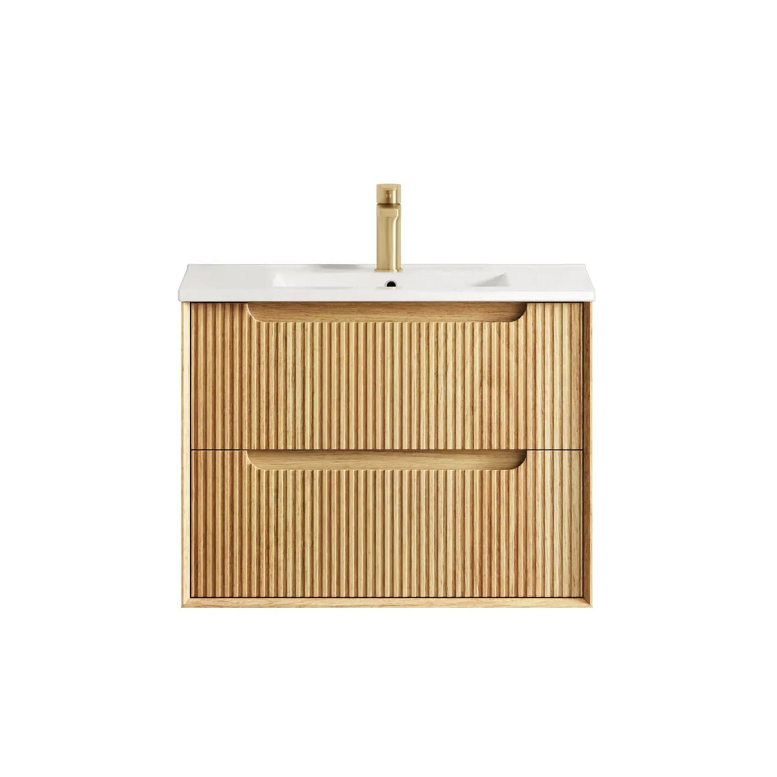 Byron Fluted Woodland Oak Wall Hung Vanity with Ceramic Top 750mm Centre Bowl BYW750LCT - The Blue Space