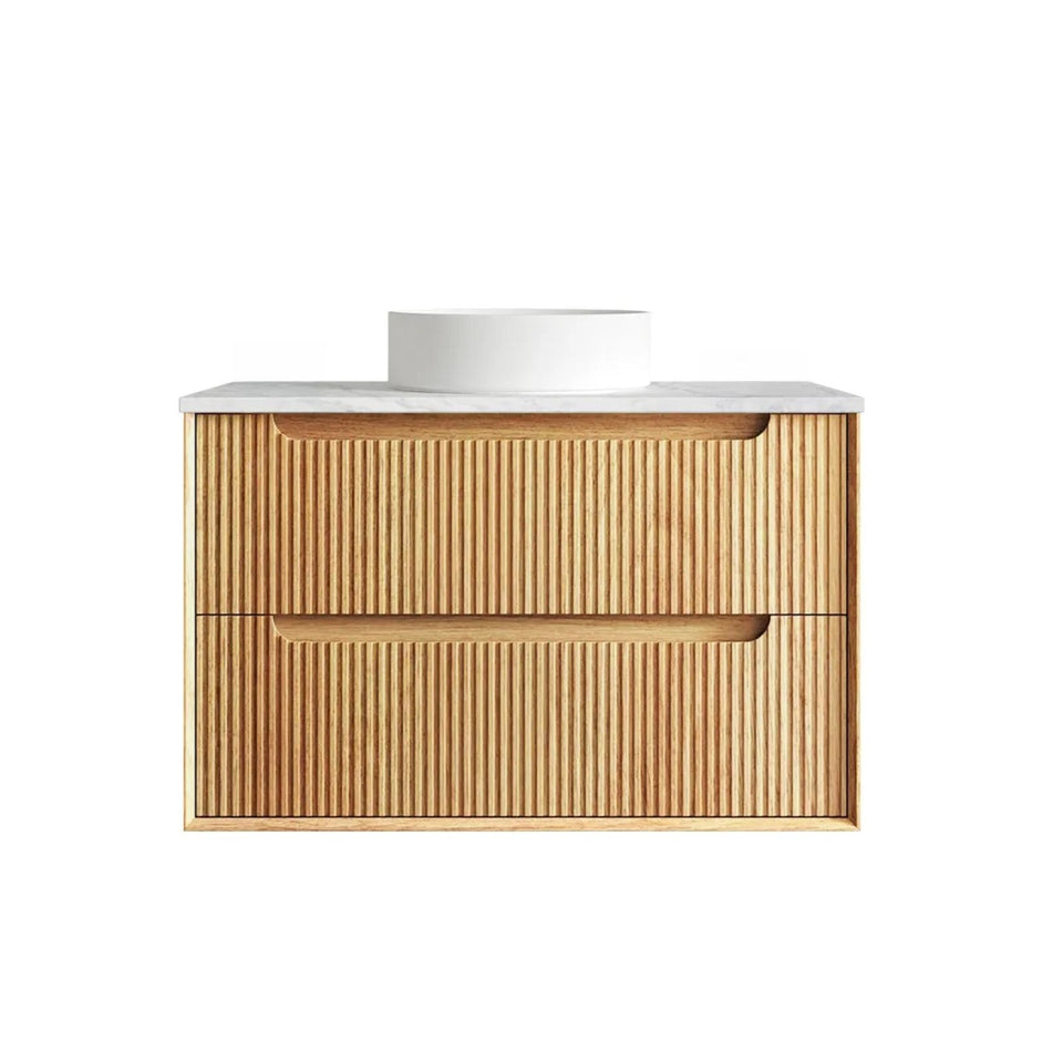 Otti Byron Fluted Woodland Oak Wall Hung Vanity with Cloudy Carrara Top