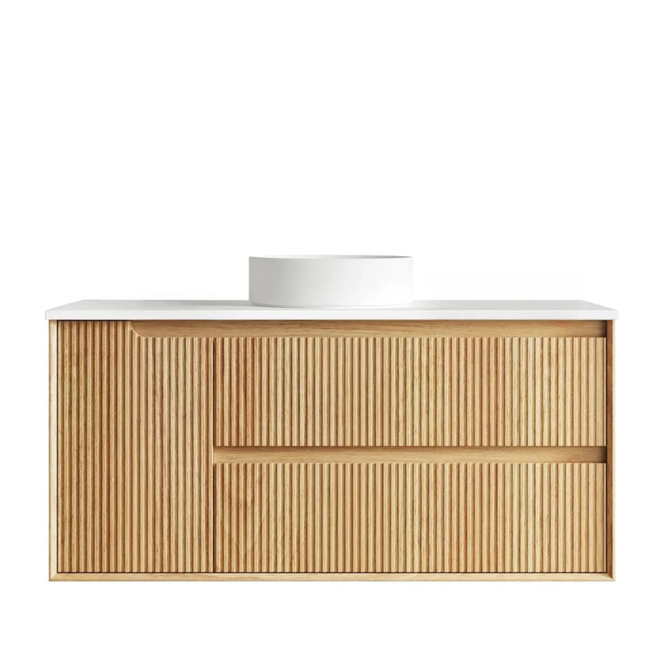 Otti Byron Fluted Woodland Oak Wall Hung Vanity with Matte White Top