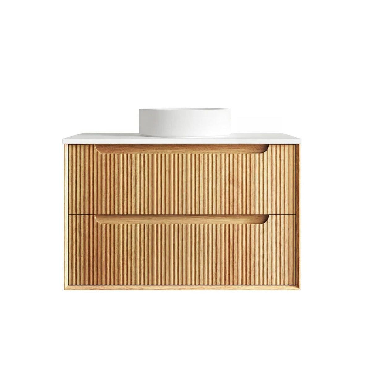 Byron Fluted Woodland Oak Wall Hung Vanity with Matte White Top 900mm Centre Bowl BYW900LSTUD-MW - The Blue Space