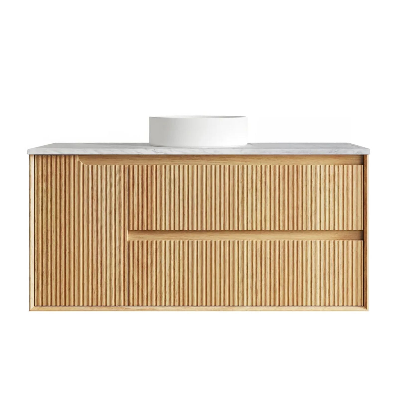 Byron Fluted Woodland Oak Wall Hung Vanity with Natural Carrara Marble Top 1200mm Centre Bowl Door and Drawers BYW1200LSTUD-NCA - The Blue Space