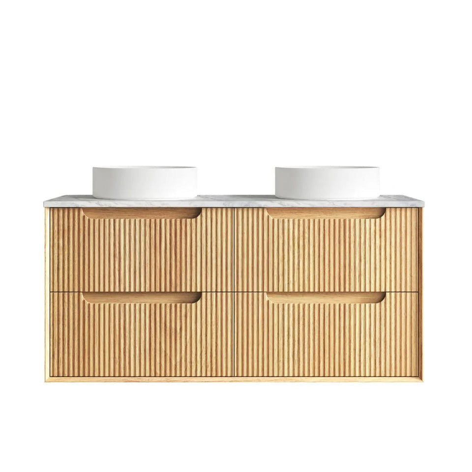 Otti Byron Fluted Woodland Oak Wall Hung Vanity with Natural Carrara Marble Top