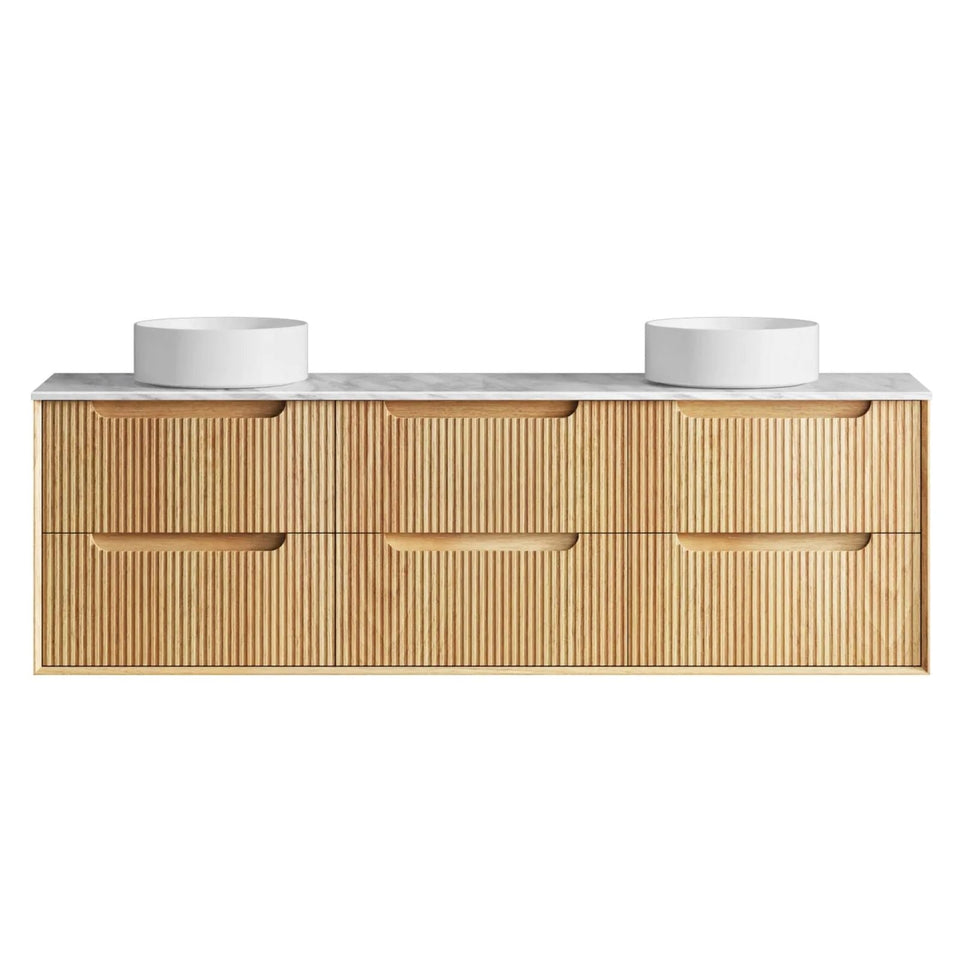 Otti Byron Fluted Woodland Oak Wall Hung Vanity with Natural Carrara Marble Top