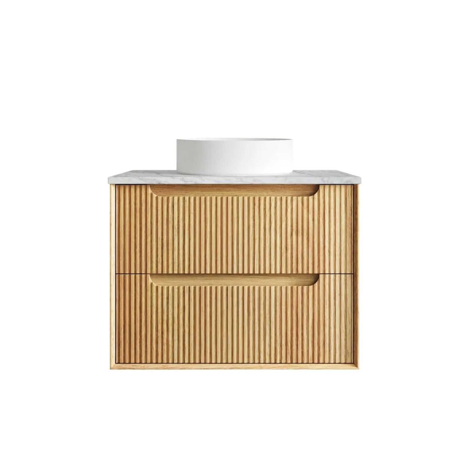 Byron Fluted Woodland Oak Wall Hung Vanity with Natural Carrara Marble Top 750mm Centre Bowl BYW750LSTUD-NCA - The Blue Space